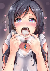 Rule 34 | 1girl, absurdres, after fellatio, amano hina (tenki no ko), black hair, blue eyes, blush, choker, collarbone, cum, cum in mouth, cum on tongue, female focus, heart, heart-shaped pupils, heavy breathing, highres, looking at viewer, open mouth, solo, swallowing, symbol-shaped pupils, tenki no ko, tina1213, tongue, tongue out