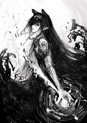 Rule 34 | 1girl, absurdres, antsplorer, black eyes, black hair, blunt bangs, flat chest, greyscale, high contrast, highres, hololive, hololive english, holomyth, long hair, looking at viewer, magic, monochrome, ninomae ina&#039;nis, pointy ears, simple background, tattoo, tentacle hair, tentacles, very long hair, virtual youtuber