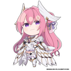 Rule 34 | 1girl, ahoge, bare shoulders, boots, breasts, chibi, closed mouth, dorothy (nikke), dress, goddess of victory: nikke, hair intakes, hair ribbon, head wings, high heel boots, high heels, highres, light blush, long hair, looking at viewer, medium breasts, official art, pink hair, purple eyes, purple ribbon, ribbon, simple background, smirk, solo, thighs, totatokeke, very long hair, white background, white dress, white footwear, white ribbon, wings