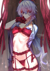 Rule 34 | 1girl, artist name, black gloves, black panties, bra, breasts, closed mouth, collarbone, curled horns, ganyu (genshin impact), garter straps, genshin impact, gloves, goat horns, hair between eyes, hand up, horns, lace trim, lingerie, long hair, looking at viewer, medium breasts, messy hair, navel, open clothes, panties, sidelocks, smile, solo, standing, sydus, thigh strap, thighs, underwear