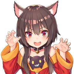 Rule 34 | 1girl, :d, animal ears, bare shoulders, bell, brown hair, cat ears, chomusuke, claw pose, collar, collarbone, commentary request, creature, dress, fang, hands up, jingle bell, kemonomimi mode, kono subarashii sekai ni shukufuku wo!, long sleeves, looking at viewer, megumin, off-shoulder dress, off shoulder, open mouth, pensuke, red dress, red eyes, short hair with long locks, simple background, smile, upper body, v-shaped eyebrows, white background, wide sleeves