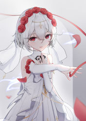 Rule 34 | 1girl, absurdres, bare shoulders, bridal veil, closed mouth, dress, flower, gloves, hair between eyes, hair flower, hair ornament, highres, honkai (series), honkai impact 3rd, lipstick, looking at viewer, makeup, petals, red flower, red hair, red rose, rose, smile, solo, theresa apocalypse, theresa apocalypse (luna kindred), veil, wedding dress, white dress, white gloves, white hair, yukizawa xueze