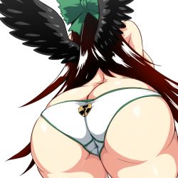 Rule 34 | 1girl, ass, ass focus, black hair, black wings, bow, breasts, butt crack, female focus, from behind, from below, green bow, hair bow, huge ass, jadf, large breasts, long hair, lowleg, lowleg panties, panties, print panties, reiuji utsuho, simple background, solo, thick thighs, thighs, topless, touhou, underwear, underwear only, very long hair, white background, white panties, wings