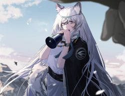 Rule 34 | 1girl, animal ears, arknights, bead necklace, beads, bell, bird, black coat, blue sky, braid, circlet, closed mouth, cloud, cloudy sky, coat, coat on shoulders, commentary, cowboy shot, day, earrings, eyelashes, grey eyes, grey hair, highres, hjm matsukasa, holding, holding bell, jewelry, leopard ears, leopard tail, long hair, looking at viewer, mountain, multicolored hair, necklace, outdoors, pov, pramanix (arknights), sky, smile, solo focus, standing, sweater, tail, tassel, tassel earrings, turtleneck, turtleneck sweater, twin braids, two-tone hair, very long hair, white hair, white sweater