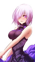 Rule 34 | 1girl, :d, armor, armored dress, armpit peek, bare arms, bare shoulders, blush, breasts, fate/grand order, fate (series), from side, hair over one eye, himo, light purple hair, looking at viewer, looking to the side, mash kyrielight, medium breasts, open mouth, pink eyes, short hair, sleeveless, smile, solo