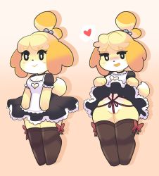 Rule 34 | 1girl, :&gt;, absurdres, alternate costume, animal crossing, animal ears, animal hands, animal nose, apron, bdsm, bell, black choker, black dress, black eyes, black thighhighs, blonde hair, blush, blush stickers, body fur, bondage, bound, bow, breasts, bright pupils, chibi, choker, cleavage, cleavage cutout, closed mouth, clothing cutout, crotch rope, dog ears, dog girl, dog tail, dress, drop shadow, enmaided, female focus, flashing, frilled apron, frilled dress, frilled sleeves, frills, full body, furry, furry female, gradient background, hair bell, hair ornament, hair tie, half-closed eyes, hands up, happy, heart, heart cutout, highres, isabelle (animal crossing), jingle bell, legs together, lifting own clothes, looking at viewer, maid, maid apron, medium breasts, multiple views, nintendo, no panties, nose blush, onigiri punch, open mouth, orange background, partially visible vulva, red bow, rope, shibari, shibari under clothes, short dress, short hair, short sleeves, simple background, skindentation, smile, speech bubble, spoken heart, standing, tail, thighhighs, topknot, two-tone fur, white apron, white fur, white pupils, wide hips, yellow fur, zettai ryouiki