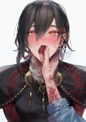 Rule 34 | 2boys, black hair, blood, blush, ear piercing, eiden (nu carnival), fangs, grey background, hair between eyes, heart, heart-shaped pupils, highres, ihatedraw, index finger raised, looking at viewer, male focus, multicolored hair, multiple boys, nose blush, nu carnival, orange eyes, orange hair, piercing, simple background, symbol-shaped pupils, tassel, tears, tongue, tongue out, upper body, yakumo (nu carnival), yaoi
