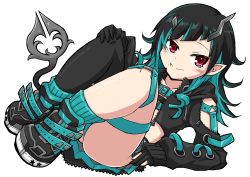 Rule 34 | 1girl, nanashi inc., absurdres, belt, black footwear, black gloves, black hair, black jacket, black skirt, black thighhighs, blue belt, blue hair, blue panties, blue socks, blush, chest belt, closed mouth, clothing cutout, commentary request, commission, cropped jacket, cross-laced clothes, cross-laced sleeves, demon girl, demon horns, demon tail, fang, fang out, flat chest, full body, garter straps, gloves, grey skirt, hand on own knee, highres, horns, jacket, layered skirt, long hair, long sleeves, looking at viewer, multicolored hair, norio minami, panties, partially fingerless gloves, pointy ears, red eyes, shishio chris, shoes, shoulder cutout, simple background, single thighhigh, skeb commission, skirt, smile, sneakers, socks, solo, sugar lyric, tail, thighhighs, transparent background, two-tone hair, underwear, virtual youtuber, zipper skirt