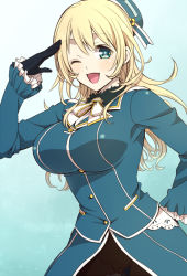 Rule 34 | 10s, 1girl, atago (kancolle), black gloves, blonde hair, breasts, gloves, gradient background, green eyes, hand on own hip, hat, kantai collection, large breasts, long hair, looking at viewer, military, military uniform, one eye closed, open mouth, pantyhose, personification, potato (oriha94), salute, smile, solo, uniform, wink