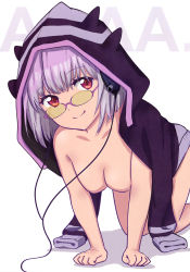 Rule 34 | 1girl, absurdres, all fours, artbook, breasts, cape, feet out of frame, glasses, gridman universe, hanging breasts, headphones, highres, jacket, jacket on shoulders, looking over eyewear, looking over glasses, medium breasts, naked cape, nude, red eyes, scan, semi-rimless eyewear, shinjou akane, short hair, solo, ssss.gridman, sunglasses, tinted eyewear, under-rim eyewear, yellow-tinted eyewear, yellow-tinted glasses