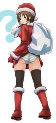 Rule 34 | 1girl, ass, ayase fuuka, blue panties, boots, brown eyes, brown hair, christmas, clothes lift, eyebrows, full body, gloves, hat, highres, looking at viewer, looking back, md5 mismatch, panties, red gloves, resolution mismatch, sack, santa costume, santa hat, short hair, simple background, skirt, skirt lift, solo, source larger, striped clothes, striped panties, teacher, thick eyebrows, thighhighs, trefoil, underwear, upskirt, v-mag, wardrobe malfunction, white background, white panties, wind, wind lift, yotsubato!