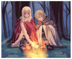 Rule 34 | 2boys, blonde hair, blue eyes, blunt bangs, blush, boots, canute, cape, closed eyes, closed mouth, eyelashes, fire, fireplace, forest, fur trim, grass, hair between eyes, harumakijiro, looking at another, male focus, multiple boys, nature, outdoors, prince, red cape, sidelocks, sitting, sleeping, thorfinn, tree, viking, vinland saga