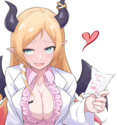 Rule 34 | 1girl, :d, aqua eyes, bat tattoo, black horns, blonde hair, breast tattoo, breasts, center frills, cleavage, commentary request, demon girl, demon horns, demon wings, eihire, fang, frilled shirt, frills, heart, hololive, horns, lab coat, large breasts, long hair, long sleeves, open mouth, pink skirt, pointy ears, shirt, sideways glance, skin fang, skirt, smile, smug, solo, straight hair, swept bangs, tattoo, translation request, very long hair, virtual youtuber, wings, yuzuki choco, yuzuki choco (1st costume)
