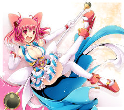 Rule 34 | 1girl, :d, absurdres, alternate weapon, black skirt, breasts, choker, cleavage, clog sandals, coin, dress, elbow gloves, female focus, frills, full body, gloves, hair bobbles, hair ornament, happy, heart, high heels, highres, ichirino minagi, large breasts, magical girl, md5 mismatch, microskirt, obi, okobo, onozuka komachi, open mouth, petticoat, platform footwear, platform heels, red eyes, red hair, resolution mismatch, sandals, sash, scythe, shoes, short hair, skindentation, skirt, smile, solo, source smaller, thighhighs, touhou, twintails, two side up, weapon, white gloves, white thighhighs