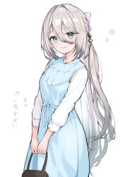 Rule 34 | 1girl, absurdres, bag, blue dress, blue eyes, blue hair, bow, braid, cagasyo, closed mouth, cowboy shot, dot nose, dress, gradient hair, grey hair, hair between eyes, hair bow, handbag, highres, holding, holding bag, long dress, long hair, long sleeves, looking at viewer, mole, mole under eye, mole under mouth, multicolored hair, nijisanji, own hands together, pink bow, shirt, sidelocks, simple background, sleeveless, sleeveless dress, smile, solo, sophia valentine, straight hair, translation request, virtual youtuber, white background, white shirt