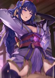 Rule 34 | 1boy, 1girl, arms behind head, arms up, braid, breasts, bridal gauntlets, cleavage, cowgirl position, genshin impact, girl on top, hair ornament, hetero, highres, japanese clothes, kimono, large breasts, long hair, long sleeves, low-braided long hair, low-tied long hair, mole, mole under eye, obi, off shoulder, purple eyes, purple hair, purple kimono, purple thighhighs, raiden shogun, sash, sex, shrug (clothing), sitting, sitting on person, solo focus, straddling, thighhighs, thighs, tsuki tokage, very long hair, vision (genshin impact), wide sleeves