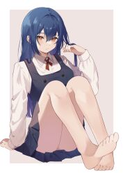 Rule 34 | 1girl, bad feet, bare legs, barefoot, blue dress, blue hair, border, breasts, brown eyes, buttons, collared shirt, commission, double-breasted, dress, eyelashes, grey background, hair between eyes, hand up, highres, knees up, kohinata kuon, legs, long hair, long sleeves, neck ribbon, nono chitose, original, outside border, pleated dress, red ribbon, ribbon, school uniform, second-party source, shirt, short dress, simple background, small breasts, solo, thighs, toenails, toes, white border