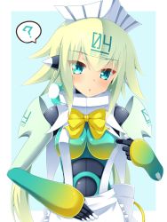 Rule 34 | 1girl, ?, aqua eyes, blush, bodysuit, bombergirl, bow, breasts, emera (bombergirl), green hair, highres, houkiboshi, long hair, looking at viewer, medium breasts, parted lips, solo, speech bubble, spoken question mark, upper body, yellow bow
