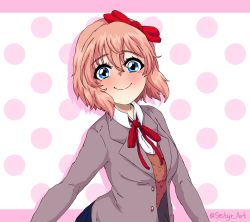 Rule 34 | 1girl, absurdres, artist name, blue eyes, blush, bow, brown hair, closed mouth, collared shirt, commentary, doki doki literature club, hair bow, highres, long sleeves, looking at viewer, neck ribbon, pink background, polka dot, polka dot background, red ribbon, ribbon, sayori (doki doki literature club), school uniform, seityr, shirt, short hair, smile, solo, white shirt