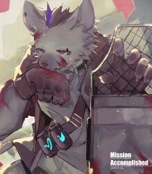 Rule 34 | 1boy, absurdres, arknights, black jacket, blood, blood on face, blood on gloves, blood on hands, canister, dated, english text, fingerless gloves, furry, furry male, gloves, grey eyes, grey shirt, highres, jacket, licking blood, looking ahead, male focus, multicolored hair, p7ywirzyw8lesuc, riot shield, shield, shirt, solo, spot (arknights), streaked hair