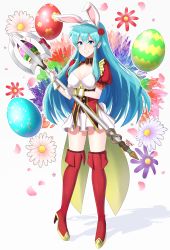 Rule 34 | 1girl, absurdres, animal ears, aqua hair, armor, blue hair, blush, breastplate, breasts, rabbit ears, rabbit tail, cape, detached collar, eirika (fire emblem), fake animal ears, fire emblem, fire emblem: the sacred stones, fire emblem heroes, gloves, highres, huge filesize, leotard, long hair, looking at viewer, nintendo, playboy bunny, sarukaiwolf, simple background, solo, strapless, strapless leotard, tail
