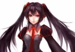 Rule 34 | 1girl, black hair, breasts, female focus, lips, long hair, necktie, red eyes, sasaki ryou, simple background, solo, thighhighs, twintails, upper body, very long hair, vocaloid, white background, zatsune miku, zettai ryouiki