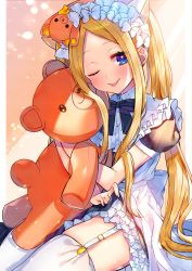 Rule 34 | 1girl, abigail williams (heart of cooking) (fate), abigail williams (fate), akirannu, animal ears, apron, backlighting, blonde hair, blue dress, blue eyes, blush, bow, breasts, cat ears, cook heart (fate), dress, fate/grand order, fate (series), forehead, hair bow, highres, light particles, light rays, long hair, looking at viewer, multiple hair bows, official alternate costume, one eye closed, parted bangs, puffy short sleeves, puffy sleeves, short sleeves, sidelocks, small breasts, smile, solo, stuffed animal, stuffed toy, teddy bear, thighhighs, thighs, tongue, tongue out, twintails, white thighhighs
