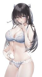 Rule 34 | 1girl, animal ears, bare shoulders, black eyes, black hair, blush, bra, breasts, cleavage, earrings, egg, hair ribbon, highres, holding, holding egg, jewelry, lace, lace-trimmed bra, lace-trimmed panties, lace trim, large breasts, long hair, looking at viewer, navel, original, panties, ribbon, solo, thighs, translation request, underwear, white background, yukibuster z
