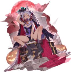 Rule 34 | 1girl, animal ear fluff, animal ears, animal hands, ark order, belt, black cape, black footwear, black shorts, blue eyes, blue hair, breasts, cape, chain, claws, cloud, coffin, crop top, cuffs, fenrir (ark order), full body, fur scarf, gloves, halloween, jack-o&#039;-lantern, large breasts, long hair, looking at viewer, moon, official art, paw gloves, paw shoes, purple belt, red cape, red cucumber, red moon, scarf, shackles, shirt, shorts, sidelocks, sitting, sleeveless, sleeveless shirt, solo, tachi-e, tail, transparent background, twintails, two-tone cape, very long hair, white scarf, wolf ears, wolf tail