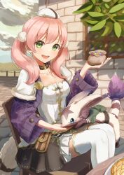 Rule 34 | 1girl, animal, apple pie, atelier (series), atelier escha &amp; logy, atyao-299, belt pouch, blush, braid, breasts, brown skirt, choker, cleavage, creature, escha malier, feeding, food, green eyes, hat, highres, holding, homura (atelier), long hair, long sleeves, looking at viewer, medium breasts, on chair, open mouth, pink hair, pouch, sitting, skirt, smile, tail, thighhighs, twintails