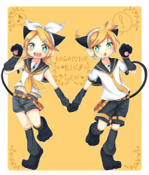 Rule 34 | 1boy, 1girl, animal ears, animal hands, aqua eyes, blonde hair, brother and sister, cat ears, cat tail, detached sleeves, fang, gloves, hair ornament, hair ribbon, hairclip, headphones, headset, hetero, highres, holding hands, kagamine len, kagamine rin, mashiron, paw gloves, ribbon, short hair, siblings, smile, tail, twins, vocaloid
