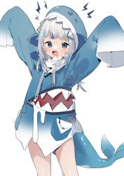 Rule 34 | 1girl, absurdres, animal hood, blue hair, fins, fish tail, gawr gura, gawr gura (1st costume), highres, hololive, hololive english, hood, hoodie, long sleeves, sh (shinh), shark tail, sharp teeth, simple background, sleeves past wrists, solo, tail, teeth, tongue, tongue out, virtual youtuber, white background, white hair