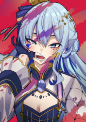 Rule 34 | 1girl, blue eyes, blue gloves, blue hair, breasts, cleavage, crown, facial mark, fangs, gloves, hair ornament, highres, hololive, hoshimachi suisei, long hair, longlong (drasdr7513), small breasts, solo, teeth, tongue, virtual youtuber