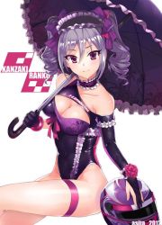 Rule 34 | 10s, 1girl, ashita (2010), bad id, bad twitter id, breasts, character name, cleavage, cleavage cutout, clothes writing, clothing cutout, drill hair, elbow gloves, gloves, helmet, idolmaster, idolmaster cinderella girls, kanzaki ranko, large breasts, leotard, long hair, motorcycle helmet, parasol, race queen, red eyes, silver hair, solo, twin drills, twintails, umbrella
