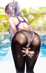 Rule 34 | 1girl, ass, back, back cutout, bare shoulders, bent over, between legs, black pantyhose, blurry, blurry background, blush, closed mouth, clothing cutout, competition swimsuit, cone hair bun, day, depth of field, from behind, genshin impact, hair bun, hair ornament, hand between legs, highres, keqing (genshin impact), long hair, looking at viewer, looking back, one-piece swimsuit, outdoors, pantyhose, pantyhose under swimsuit, pink eyes, purple hair, see-through, shirosaba, solo, swimsuit, thighband pantyhose, twintails, very long hair, water, wet, wet clothes, wet swimsuit