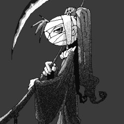 Rule 34 | 1girl, bandages, character request, copyright request, female focus, grey background, lowres, monochrome, outtake, scythe, solo, standing, tagme, twintails
