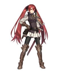 Rule 34 | 1girl, armor, belt, black pantyhose, black ribbon, boots, breasts, brown footwear, brown shirt, collar, collared shirt, fire emblem, fire emblem fates, fire emblem heroes, full body, hair ribbon, hand on own hip, highres, knee boots, long hair, mercenary (fire emblem), multiple belts, nintendo, official art, pantyhose, pauldrons, red eyes, red hair, ribbon, selena (fire emblem fates), shirt, shoulder armor, single pauldron, skirt, small breasts, solo, sword, transparent background, tsundere, twintails, undershirt, very long hair, weapon, white skirt, zaza (x-can01)