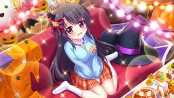 Rule 34 | 1girl, balloon, bat wings, black hair, black hat, blue bow, blue shirt, blush, bow, breasts, brick wall, candy, cookie, couch, dot nose, embarrassed, film grain, food, from above, game cg, ghost, hair bow, halloween, happy halloween, hat, head wings, ichikishima mizuha, izumi tsubasu, jack-o&#039;-lantern, jewelry, lens flare, lollipop, long hair, looking at viewer, medium breasts, name tag, napkin, necklace, no shoes, non-web source, official art, on couch, open mouth, patch, plaid, plaid bow, plaid skirt, plate, pocky, purple eyes, re:stage!, red bow, red skirt, shirt, sitting, skirt, skirt tug, socks, solo, sparkle, star (symbol), star print, straight hair, string of light bulbs, two-tone bow, unworn hat, unworn headwear, wariza, white socks, wings, witch hat