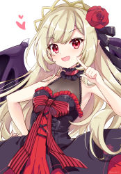 Rule 34 | 1girl, bare arms, bat wings, black dress, blonde hair, blunt bangs, bow, center frills, choker, collarbone, dress, dress bow, ecute, fang, finger to cheek, flower, frilled choker, frilled dress, frills, hair flower, hair ornament, hair ribbon, hand on own hip, hand up, heart, highres, hinata momo, jashin-chan dropkick, lace trim, long hair, looking at viewer, open mouth, pointy ears, red choker, red eyes, red flower, red rose, ribbon, rose, signature, simple background, skin fang, smile, solo, swept bangs, tiara, twitter username, upper body, white background, wings