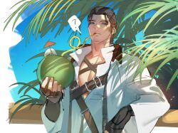 Rule 34 | 1boy, ?, adventurer (ff14), beard stubble, chest harness, coconut cup, drinking, elbow rest, facial hair, hair slicked back, harness, highres, large pectorals, male focus, mature male, medium hair, mustache stubble, palm tree, pectoral cleavage, pectorals, scar, scar across eye, sideways glance, solo, spoken question mark, stubble, thick eyebrows, tree, upper body, warrior of light (ff14), xianyu314