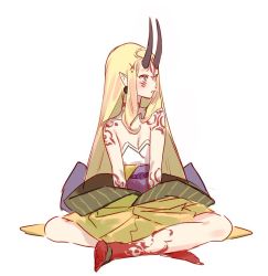 Rule 34 | 1girl, bare shoulders, barefoot, blonde hair, breasts, cleavage, closed mouth, earrings, facial mark, fate/grand order, fate (series), frown, full body, hit-kun, horns, ibaraki douji (fate), japanese clothes, jewelry, kimono, long hair, pointy ears, simple background, sitting, small breasts, solo, tattoo, very long hair, white background, yellow eyes, yellow kimono