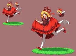 Rule 34 | 1girl, blonde hair, blue eyes, bow, bowtie, brown background, clothes lift, dress, dress lift, grass, hair bow, hair ribbon, lifting own clothes, looking at viewer, medicine melancholy, namako daibakuhatsu, pantyhose, pixel art, puffy short sleeves, puffy sleeves, red bow, red dress, red footwear, red neckwear, red ribbon, ribbon, running, shoes, short sleeves, simple background, skirt hold, smile, su-san, touhou, white pantyhose