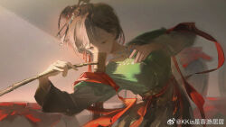 Rule 34 | 1girl, ;), black eyes, black hair, chinese clothes, chinese hairpin, dipper, drinking, green shirt, hair bun, hair ornament, hands up, hanfu, highres, holding, holding spoon, jewelry, jiu niangzi, kkia, layered sleeves, leaning to the side, long hair, long sleeves, looking down, necklace, one eye closed, red shawl, reverse:1999, shawl, shirt, short over long sleeves, short sleeves, sidelighting, single side bun, skirt, smile, solo, spoon, tassel, tassel hair ornament, upper body, weibo logo, weibo watermark, yellow skirt