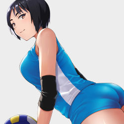 Rule 34 | 1girl, ass, ball, black hair, blue shorts, breasts, buruma, dutch angle, elbow pads, from side, gluteal fold, hashi, large breasts, light smile, looking at viewer, looking to the side, orange eyes, original, playing sports, short hair, shorts, simple background, solo, sportswear, volleyball, volleyball (object), volleyball uniform