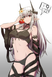 Rule 34 | 1girl, :t, absurdres, apple, arknights, arm behind back, arm strap, bare shoulders, bikini, black bikini, breasts, cleavage, closed mouth, cowboy shot, eating, flower, food, fruit, gradient background, grey background, grey hair, hair flower, hair ornament, highres, holding, holding food, holding fruit, horns, jewelry, long hair, looking at viewer, mudrock (arknights), mudrock (silent night) (arknights), navel, necklace, official alternate costume, photoshop (medium), red eyes, samacho, solo, speech bubble, stomach, swimsuit, very long hair, white background, yellow flower