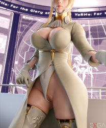 Rule 34 | 1girl, 3d, blonde hair, boots, breasts, cleft of venus, clothing aside, dress, exga, gloves, highres, jewelry, large breasts, leotard, leotard aside, long hair, long sleeves, nier (series), nier:automata, pussy, shiny skin, thick thighs, thigh boots, thighhighs, thighs, thong, thong leotard, white dress, white leotard, commander (nier:automata)