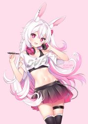 Rule 34 | 1girl, :d, animal ear fluff, animal ears, black shirt, black skirt, black thighhighs, braid, breasts, clothing cutout, colored inner hair, commission, cowboy shot, crop top, crop top overhang, headphones, headphones around neck, holding, long hair, looking at viewer, midriff, miniskirt, multicolored hair, nami (nyaa), navel, off shoulder, open mouth, original, pink eyes, pleated skirt, rabbit ears, shirt, short sleeves, shoulder cutout, skirt, small breasts, smile, solo, star-shaped pupils, star (symbol), stomach, stylus, symbol-shaped pupils, thigh strap, thighhighs, thighs, undershirt, very long hair, white hair, white shirt, zettai ryouiki