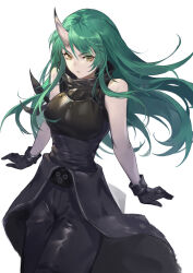 Rule 34 | 1girl, arknights, arm ribbon, arm scarf, arm support, armor, black gloves, black pants, black shirt, breastplate, breasts, gloves, green hair, highres, horns, hoshiguma (arknights), large breasts, long hair, pants, ribbon, shirt, single horn, skin-covered horns, solo, white background, woodylixx, yellow eyes
