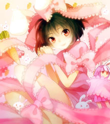 Rule 34 | 2girls, animal ears, bare legs, barefoot, black hair, carrot, carrot necklace, dress, frilled ribbon, frills, head tilt, highres, inaba tewi, jewelry, looking at viewer, looking away, mini person, minigirl, multiple girls, necklace, no mouth, own hands together, pendant, pink background, pink dress, q-chiang, rabbit, rabbit ears, red eyes, reisen udongein inaba, ribbon, short hair, short sleeves, smile, touhou