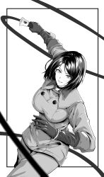 Rule 34 | 1girl, absurdres, black872233196, breasts, choker, elbow gloves, gloves, greyscale, highres, holding, holding whip, large breasts, military, military uniform, monochrome, short hair, simple background, snk, solo, the king of fighters, uniform, weapon, whip, whip (kof), white background